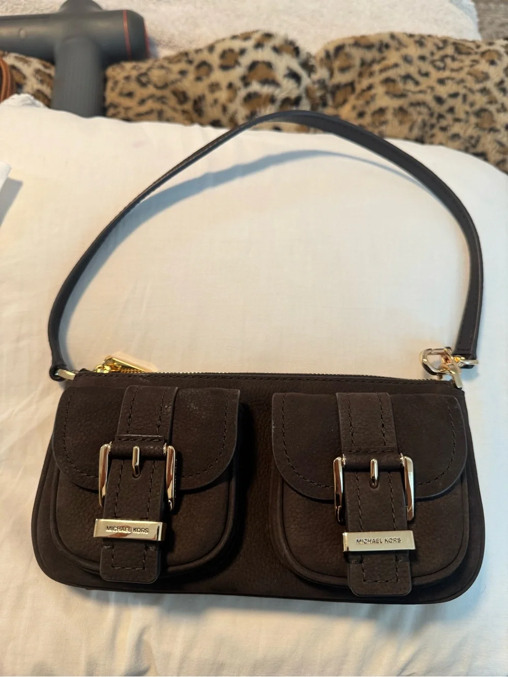 Michael Kors Zoe Brown Suede Dual Pocket Shoulder Bag